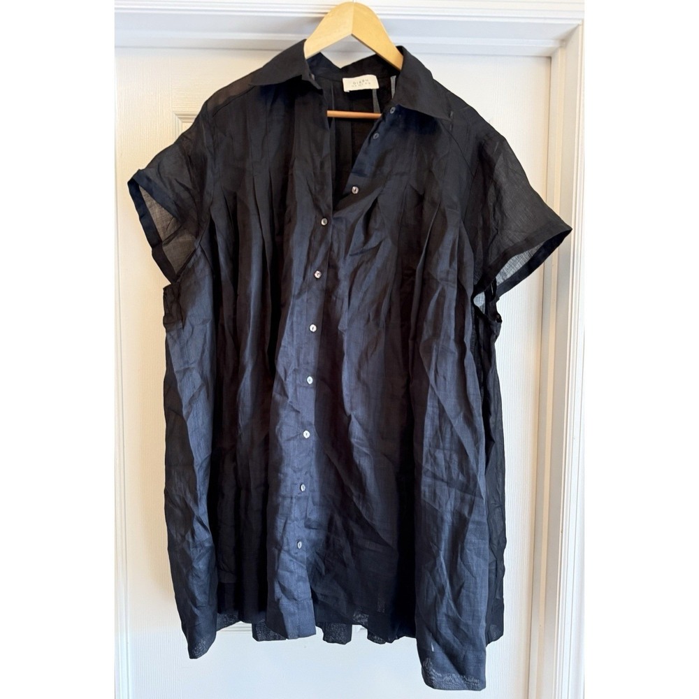 DISSH Button Down Dress Women 4 Black Ramie Oversized Pleated Short Sleeve